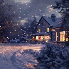 Fototapeta premium A snowy evening at a suburban house, with the exterior warmly lit and snowflakes gently falling around it.
