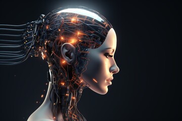 Obraz premium futuristic design of an android head, with visible wires, connections, and nodes. the cybernetic elements are meticulously integrated, portraying a technological marvel and the convergence of human