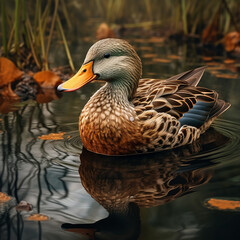 duck floating on pond around colorful nature ai created close up image