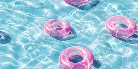 Vibrant pink pool floats in a crystal clear, unoccupied pool with sparkling water, ideal for a summer vacation advertisement.