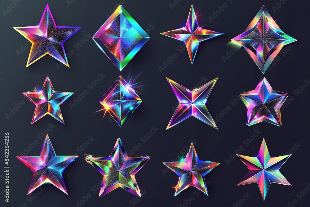 Poster collection of various holographic star forms for every shimmer.  generative ai