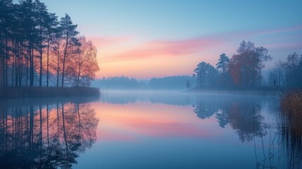 Obraz premium Tranquil dawn at a serene lake with mist softly rising from the calm water. Nature tranquility concept