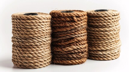 Obraz premium Assorted strands of organic rope displayed in different widths against a plain backdrop.