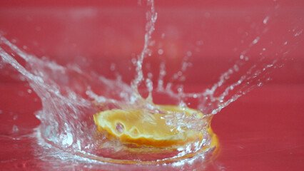 Close up of fresh orange slices water splashing on separated background. Macrography of sliced...