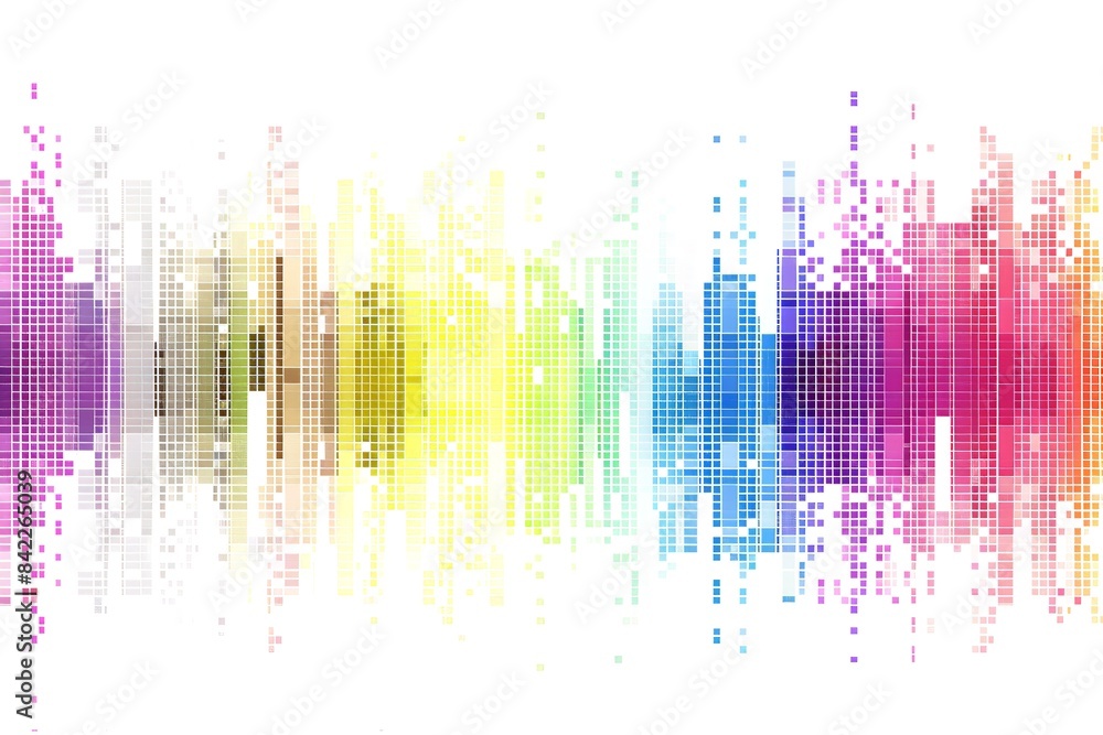 Poster digital pixel art in rainbow colors, isolated on a white backdrop in a modern style. generative ai