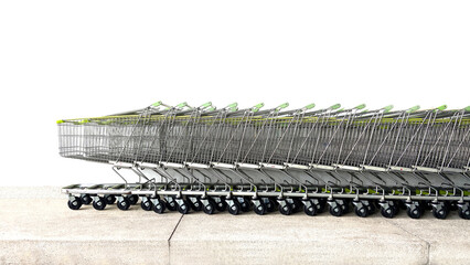 Shopping carts are stacked next to the building.