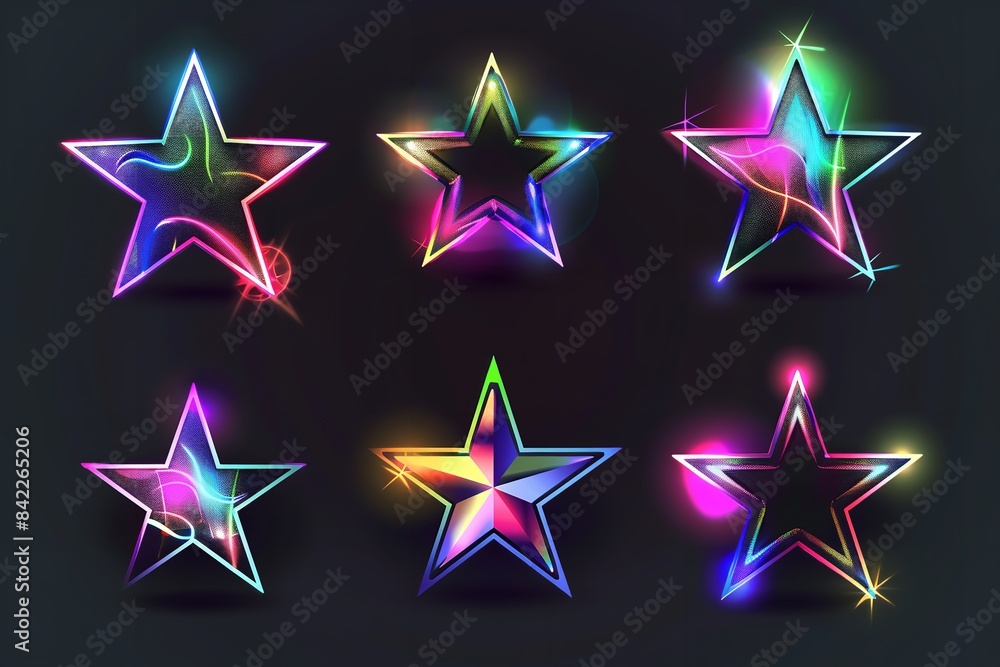 Poster collection of various holographic star forms for every shimmer.  generative ai