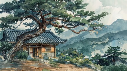 Hanok by the side of an ancient pine tree