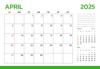 April 2025 Calendar. Week start on Sunday. Desk calendar 2025 design, simple and clean design, Wall calendar for print, digital calendar, Corporate design planner template vector.