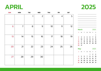 April 2025 Calendar. Week start on Sunday. Desk calendar 2025 design, simple and clean design, Wall calendar for print, digital calendar, Corporate design planner template vector.