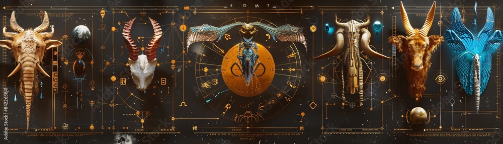 Poster zodiac signs in a geometric style with a designated text area in an editorial design