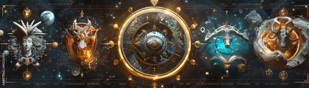 Aufkleber zodiac signs in a geometric style with a designated text area in an editorial design