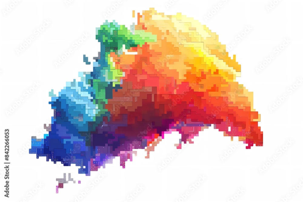 Poster digital pixel art in rainbow colors, isolated on a white backdrop in a modern style. generative ai