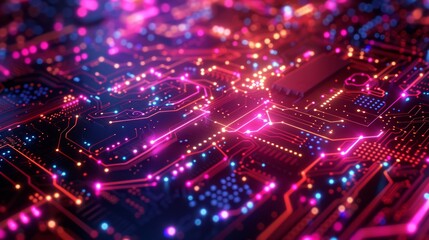 Fototapeta premium Glowing circuit board with neon lights in dark background