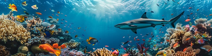 Obraz premium Vibrant coral reef teeming with colorful fish and large sea creatures. Underwater biodiversity concept