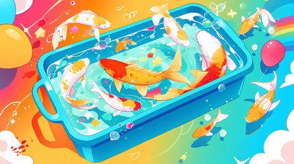 Golden Koi carp calmly swims in a square tub filled with water on a simple background