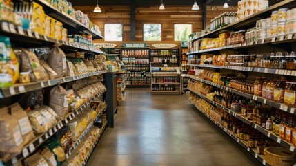 Fototapeta premium Well-Organized Store Displaying Rows of Neat Products in Wide Shot