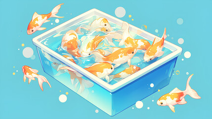 Golden Koi carp calmly swims in a square tub filled with water on a simple background