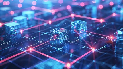 Obraz premium Depict the concept of blockchain data transfer with visual elements like interconnected blocks, encrypted data streams, and digital ledgers. 