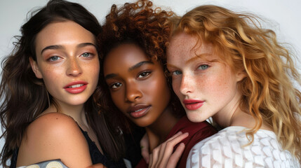 Obraz premium Group of women together. Brunette, blonde, black woman and a redhead. Confident and radiant, showcasing the power of self-confidence