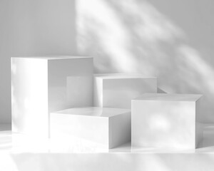 Four modern white geometric cuboid podium in dappled sunlight, leaf foliage shadow for organic luxury beauty, skincare, cosmetic, body care product display background 3D