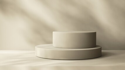 Two layers beige podium on counter, soft beautiful dappled sunlight, leaf shadow on brown texture wall for luxury organic cosmetic, skincare, beauty treatment product background 3D