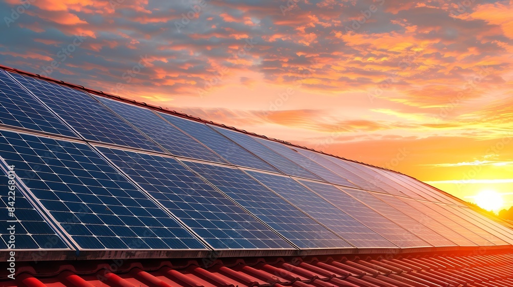 Poster photo collage of solar panels photovoltaics on the red roof of a house and a beautiful sky with the 