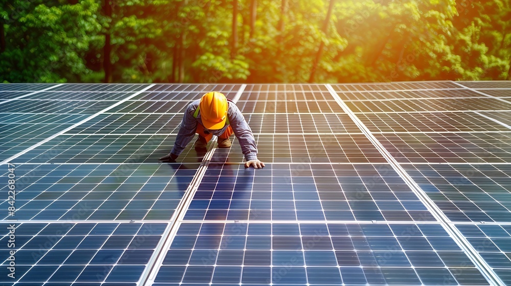 Poster Side view of male worker installing solar modules and support structures of photovoltaic solar array Electrician wearing safety helmet while working with solar panel Concept of sun ene : Generative AI