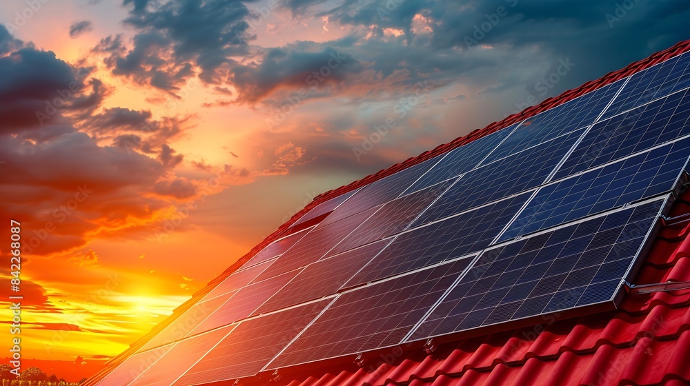 Poster photo collage of solar panels photovoltaics on the red roof of a house and a beautiful sky with the 
