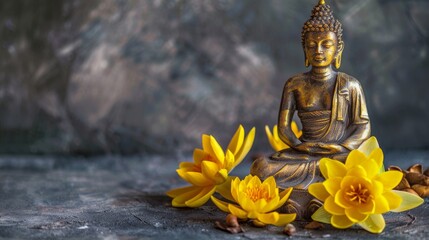Serene Buddha statue with lotus flowers on dark background. Golden Buddha sculpture with intricate details and serene expression. 