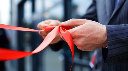 Exciting Moment of Grand Opening - Person Holding Ribbon for New Business Launch