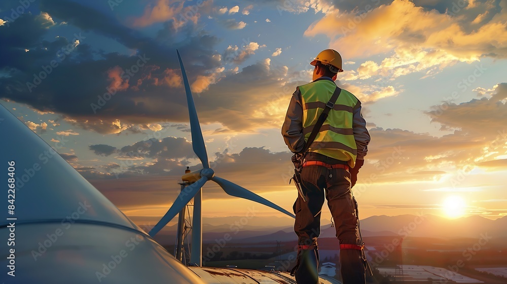 Poster happy engineer feel success after good work he standing a top of windmill and looking beautiful suns