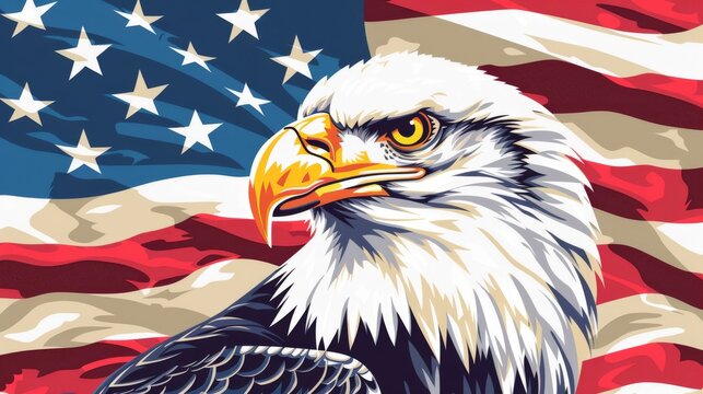 American bald eagle illustration on US flag background. Ideal for Independence Day, Memorial Day, or Veterans Day designs.