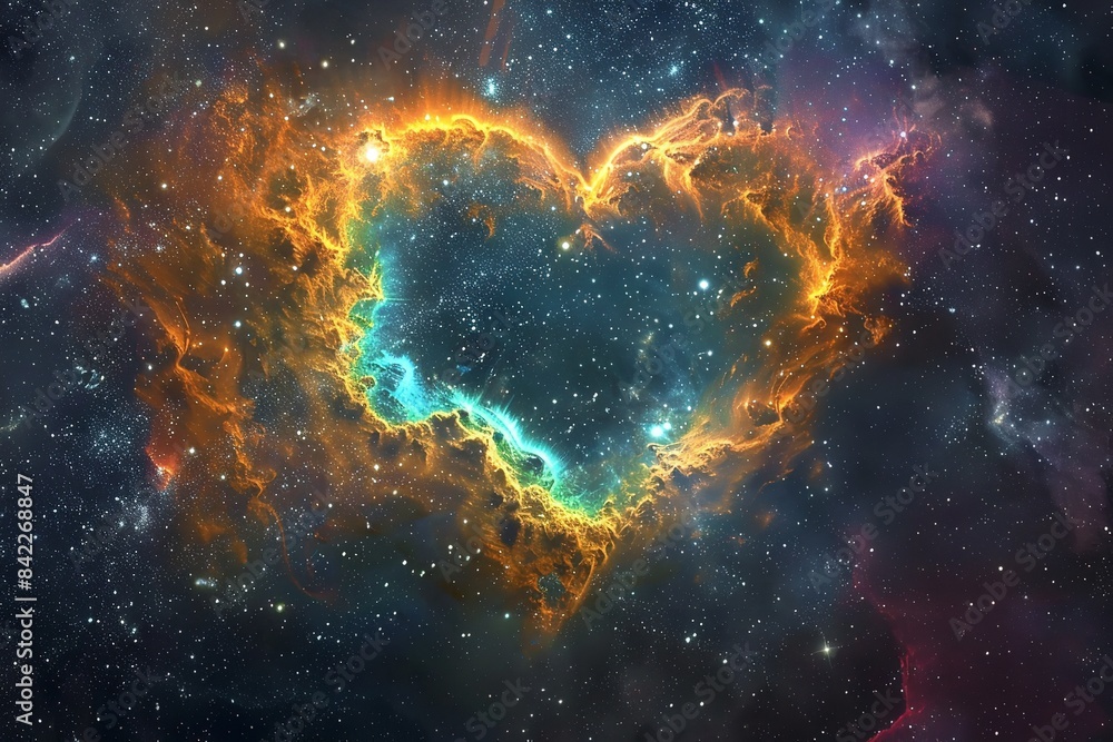 Poster heart nebula in space against a colorful backdrop. generative ai