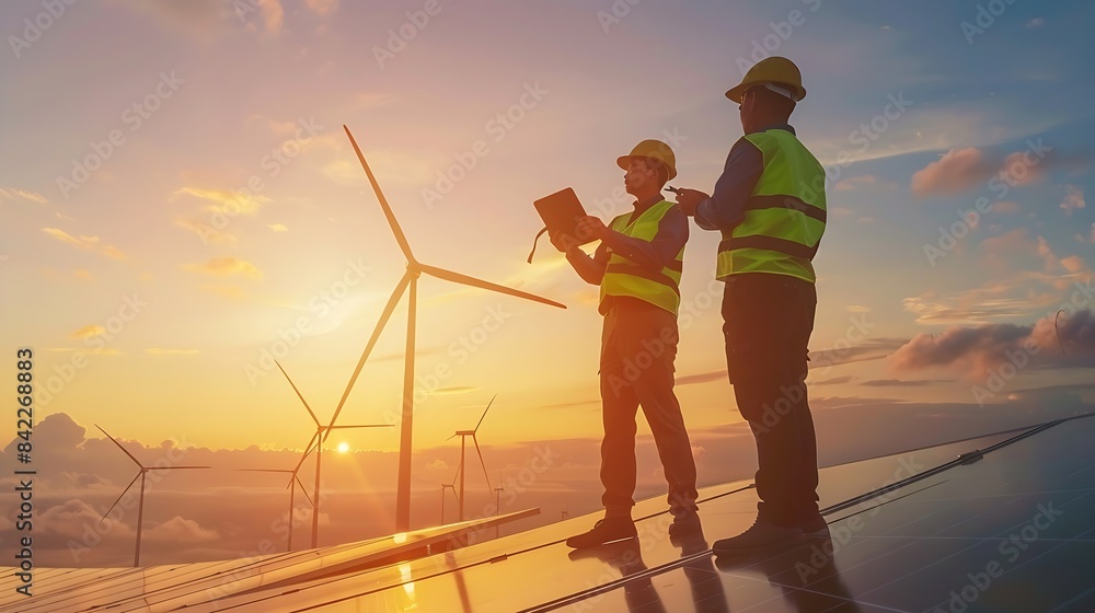 Poster engineering team wind turbine and solar power technology alternative eco environment friendly sustai