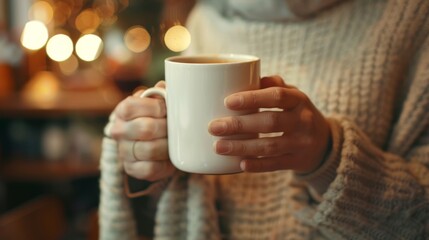 Modern coffee mug on cafe table with urban cityscape background. Ideal for coffee shops, cafes, and modern beverage brands.
