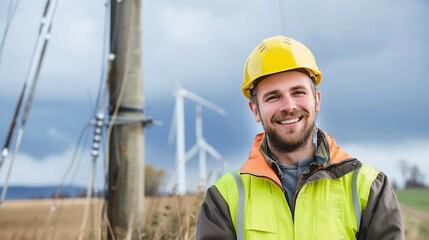 Smiling engineer next to a wind farm and power pole : Generative AI