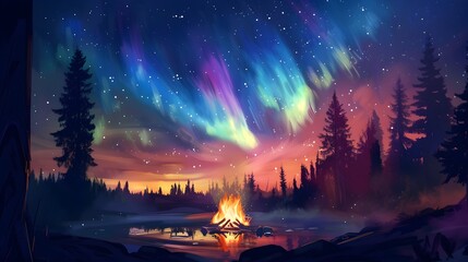 Fototapeta premium Camp fire in wilderness forest night on Aurora borealis, northern lights over bonfire in winter forest background.