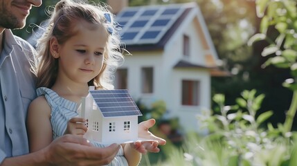 Little girl with her dad holding paper model of house with solar panels explaining how it worksAlternative energy saving resources and sustainable lifestyle concept : Generative AI
