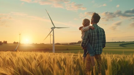 Cinematic shot of carefree young father engineer keeping his daughter for hand and looking on windmill field at sunset Concept of renewable energy love for nature family electricity gr : Generative AI