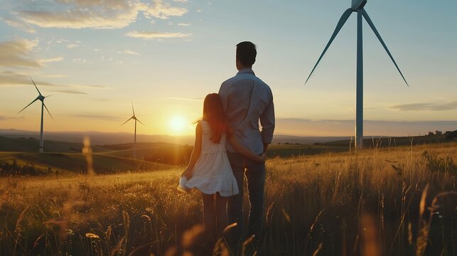 Cinematic shot of carefree young father engineer keeping his daughter for hand and looking on windmill field at sunset Concept of renewable energy love for nature family electricity gr : Generative AI - Powered by Adobe