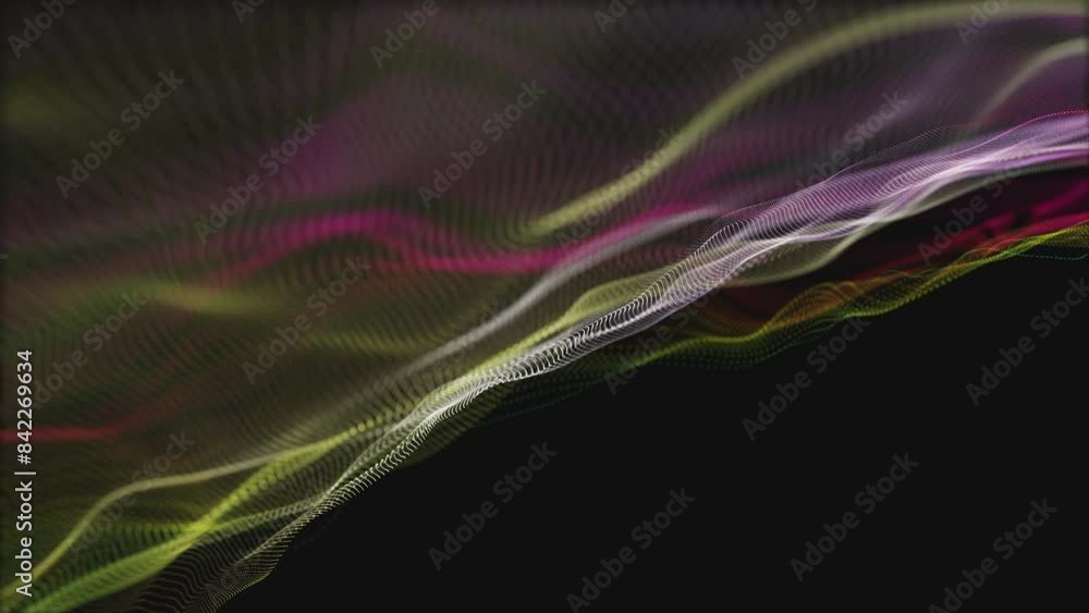 Poster futuristic video animation with particle wave object in slow motion and space for text, 4096x2304 lo