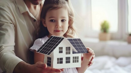 Little girl with her dad holding paper model of house with solar panels explaining how it worksAlternative energy saving resources and sustainable lifestyle concept : Generative AI