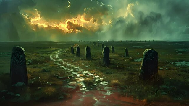 A winding path leads through the ethereal plains bordered by rows of floating stones that guide the way.