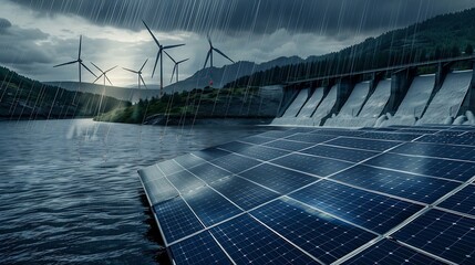 Renewable Energy  Sunlight with solar panel Wind with wind turbines Rain with dam for hydropower : Generative AI