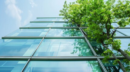 Sustainable green building Ecofriendly building Sustainable glass office building with tree for reducing carbon dioxide Office with green environment Corporate building reduce CO2 Safe : Generative AI