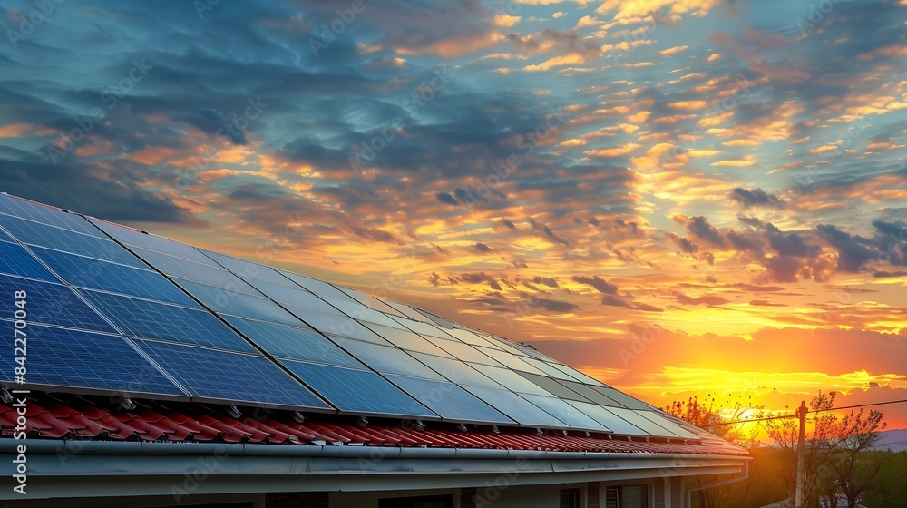 Aufkleber photo collage of solar panels photovoltaics on the red roof of a house and a beautiful sky with the 