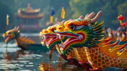 Fototapeta premium Energetic Dragon Boat Festival celebration with vibrant atmosphere. Lively festival scene showcasing teamwork and dedication.