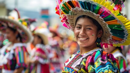 Fototapeta premium Independence Day parade with colorful floats and participants in traditional clothing. People dressed in historical costumes or cultural attire.