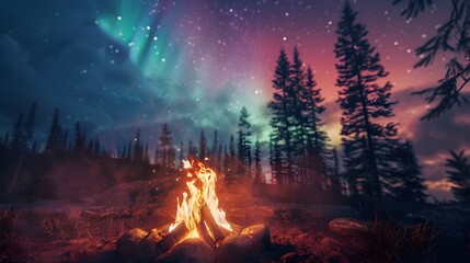 Fototapeta premium Camp fire in wilderness forest night on Aurora borealis, northern lights over bonfire in winter forest background.
